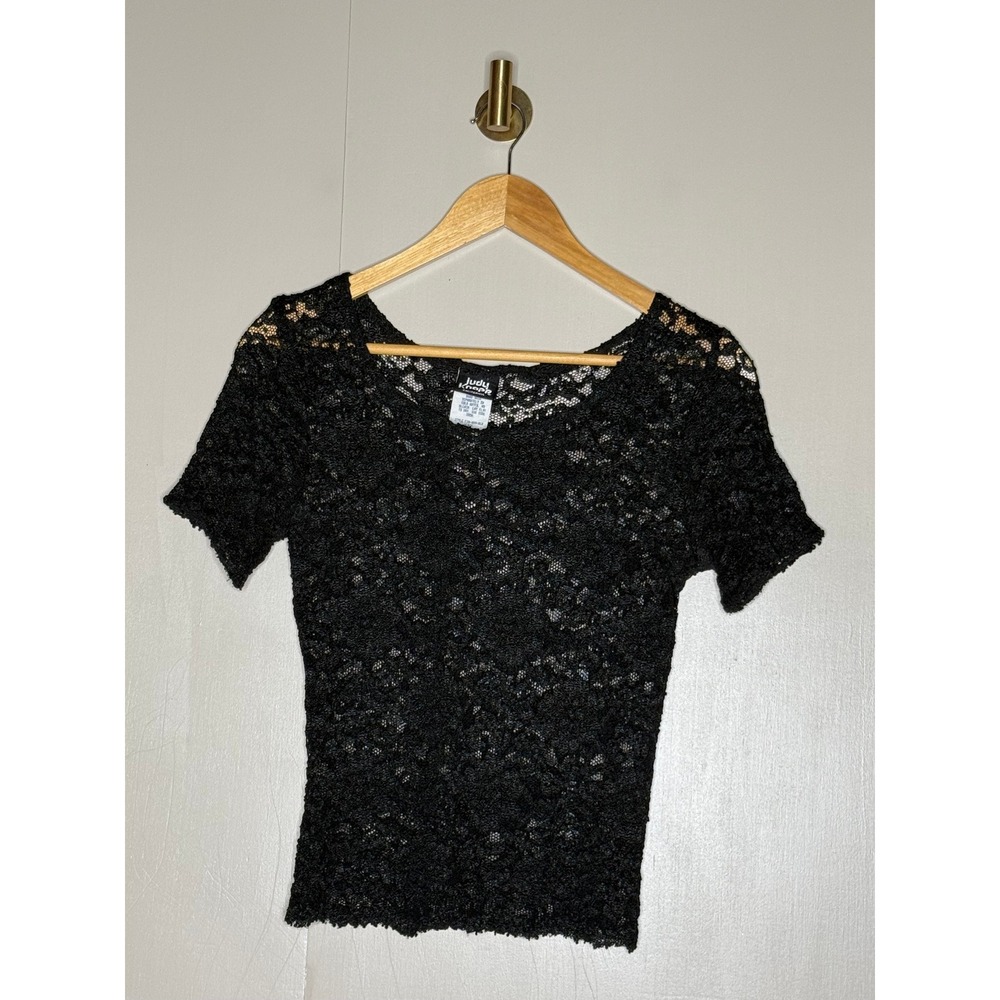 Vintage Y2K Black Lace Top Womens Large Judy Knapp Stretch Sheer Floral